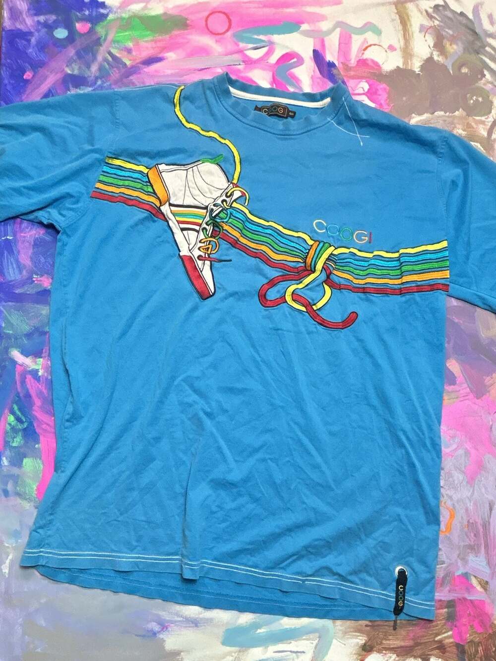 Vintage Y2K Coogi Blue T-Shirt With Embroidered Rainbow Shoe And Laces Size 4XL